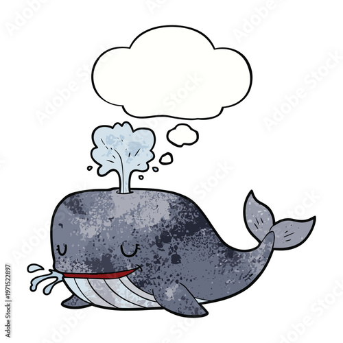 Whimsical cartoon whale with a thought bubble and water spouting from its blowhole illustration