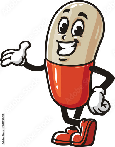 Cartoon mascot of pill capsule with welcoming pose