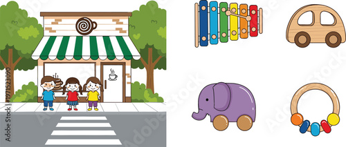 Cute kids standing in front of cafe building with wooden toys xylophone car elephant and rattle vector illustration set