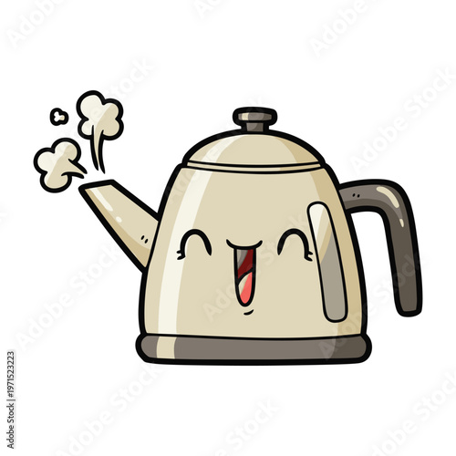 Quadro em tela Cute cartoon illustration of a happy steaming kettle with a smiling face and puffs of steam