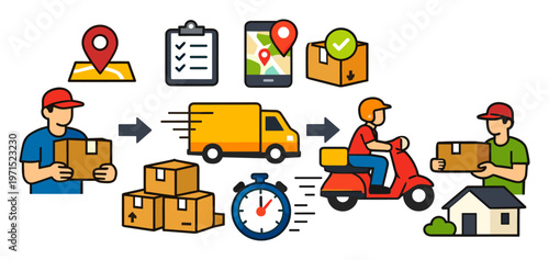 Delivery service flowchart outlining steps from parcel dispatch through various transport methods to final customer receipt