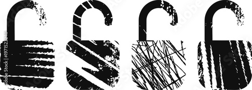 four distressed open padlock icons black silhouette set security unlocked symbols graphic design elements