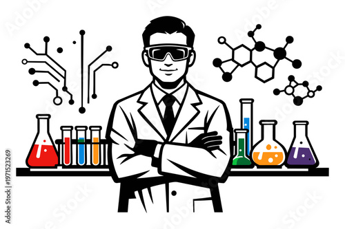 Scientist in lab coat and safety glasses, arms crossed, standing confidently in a professional chemistry laboratory setting