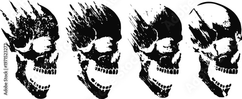 Four stylized skulls with dynamic flame hair dark gothic design with edgy, fierce skull illustrations in black and white