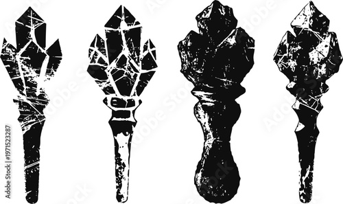 Four black grunge crystal scepters with faceted gemstone tops vintage design