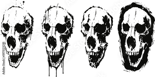 Set of expressive skull illustrations with grunge and ink effects in black and white