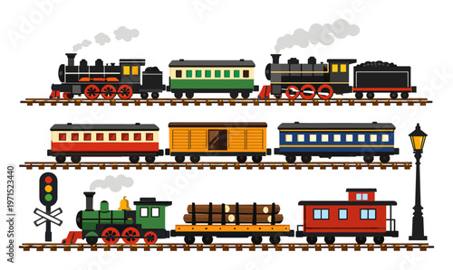 Variety of classic steam locomotives, passenger wagons, freight cars, and railroad elements like tracks, signals, and a lamppost