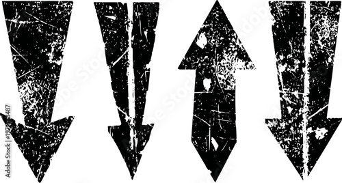 grunge arrow set with four distressed directional symbols in black and white design