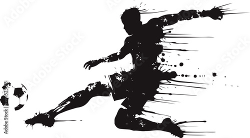Dynamic soccer player silhouette kicking ball with abstract paint splash effect