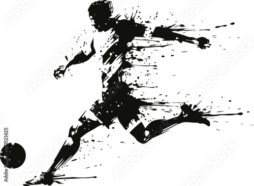 Dynamic soccer player kicking ball silhouette with motion effect illustration in black and white