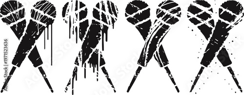 Grunge crossed microphones silhouettes with paint drip effect on white background