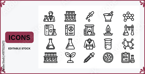 Editable science icons set including lab equipment and research symbols for educational and laboratory use  various scientific tools