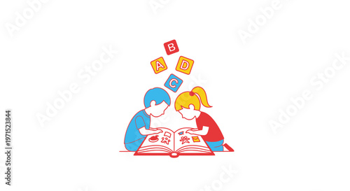 Children reading a book together.
