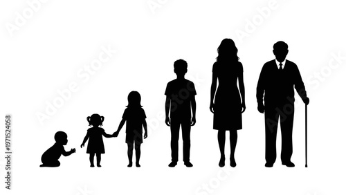 Silhouette illustration of a family with five members of different ages standing in a line on a white background.