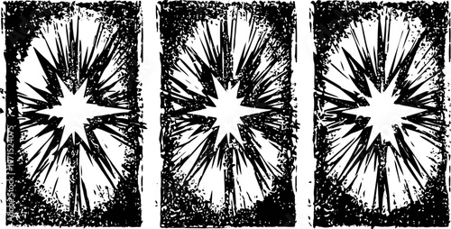 three vintage tarot cards faced down with distressed cracked star design background