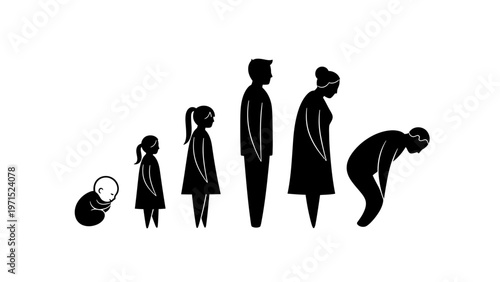Silhouette illustration of a family with a child and adults in a row on a white background with a minimalist style.