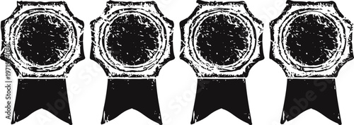 Grunge vintage seal stamps with ribbons, textured round emblems in black and white, old labels for design