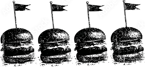 four grilled cheeseburgers with beef patties and cheese slices topped with small flags