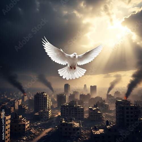 White dove flying with wings spread.