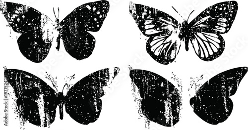 Vintage grunge butterfly silhouettes set, distressed ink splatter design with detailed wing patterns