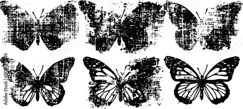 set of six distressed vintage butterfly silhouettes, grunge ink stamped insect designs