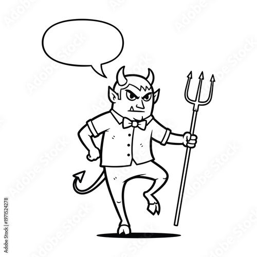 Cartoon devil character wearing a shirt and bowtie holding a pitchfork with a speech bubble