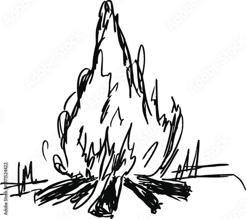 Camping campfire burning on logs with lively flames and smoke illustration sketch