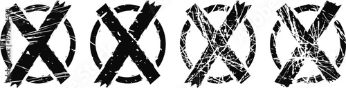 grunge black crossed circle x marks in different distressed styles and rough textures