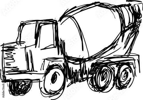 Concrete mixer truck sketch construction vehicle drawing with cement drum and wheels industrial and building site equipment illustration