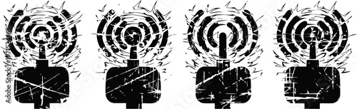 Grunge black hand holding smartphone with wireless signals mobile technology, communication, digital connection concept