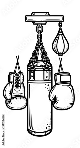 Boxing Equipment Set with Punching Bag and Gloves Line Art Illustration
