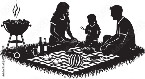 Family having picnic with barbecue grill.