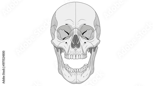 Detailed illustration of a human skull with facial structure and bone details on a white background.