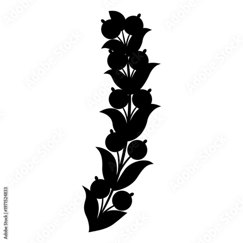 Stylized branch with leaves and fruits or berries. Folk style. Ottoman Turkish floral motif. Black silhouette on white background.