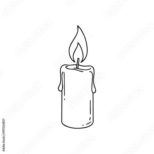 Hand drawn outline sketch illustration of a lit pillar candle with dripping melted wax and flickering flame home decor line art black and white background relaxation