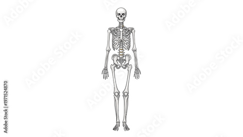 A detailed illustration of a human skeleton standing upright against a plain white background.