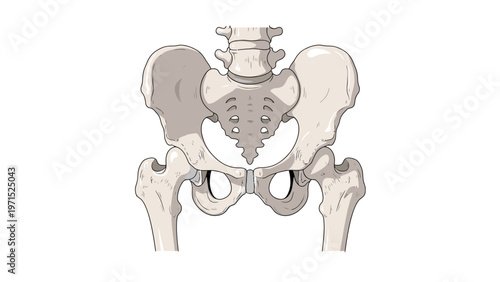 Detailed illustration of a human pelvis and sacrum with highlighted areas in shades of gray and beige on a white background.