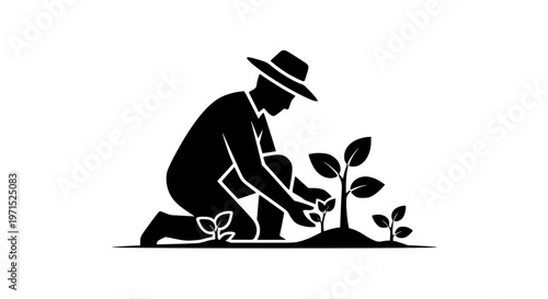 Farmer planting organic crops black white icon