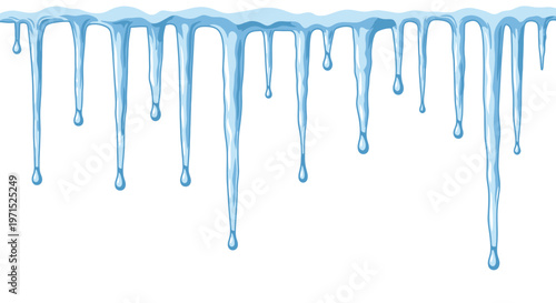 A digital illustration of blue icicles melting and dripping against a white background