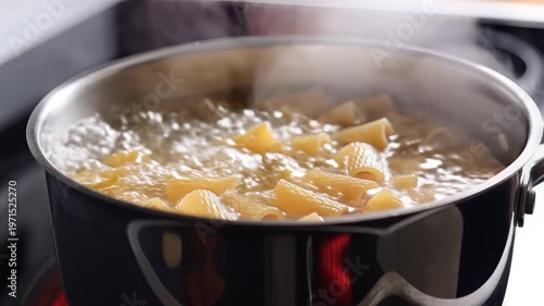 Closeup of pasta boiling in a pot on a stovetop.
