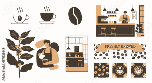 Brown coffee beans and cups illustration.