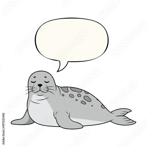 A cute cartoon illustration of a grey spotted seal with a blank speech bubble above its head