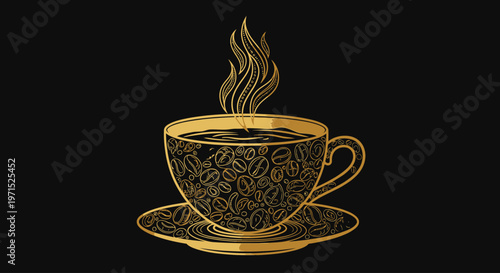Steaming hot coffee cup on saucer.