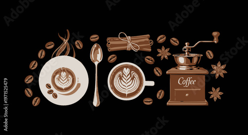 Coffee cup with latte art design.