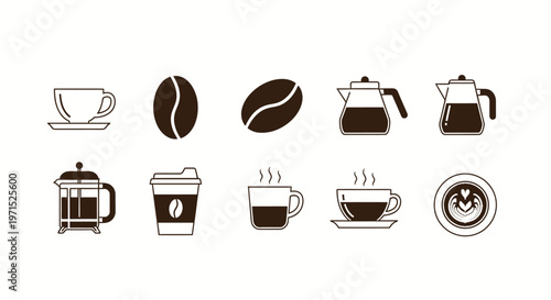Coffee Cups Beans and Pots Icons.