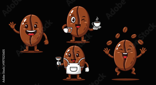 Cartoon coffee beans in various poses.