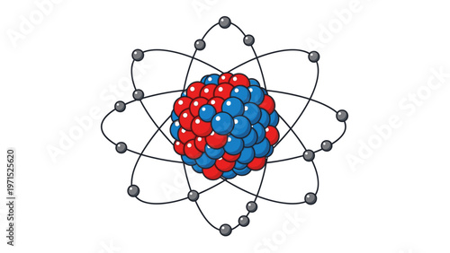 Scientific illustration of an atom with red and blue protons and neutrons in the nucleus and orbiting electrons.