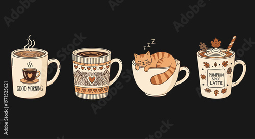 Four Coffee Mugs with Various Designs.
