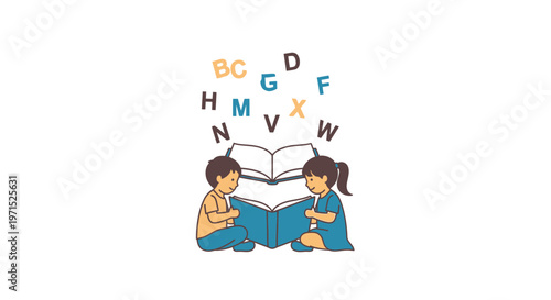 Children reading book with alphabet letters.