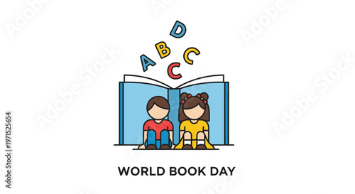 Children reading book together happily.